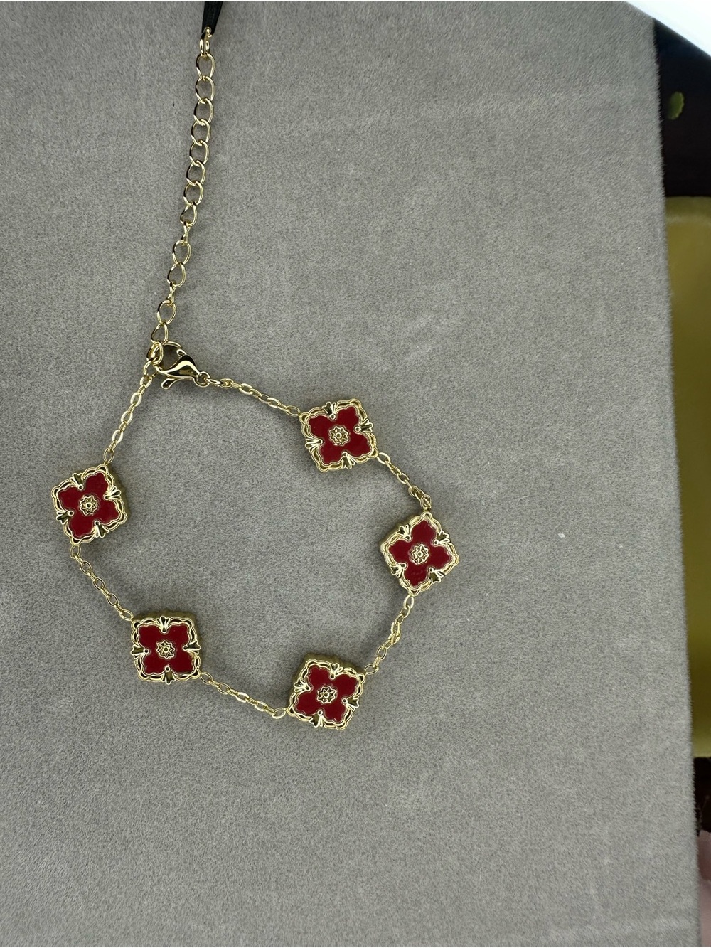 Gold-Tone Red Floral Link Bracelet - Unbranded